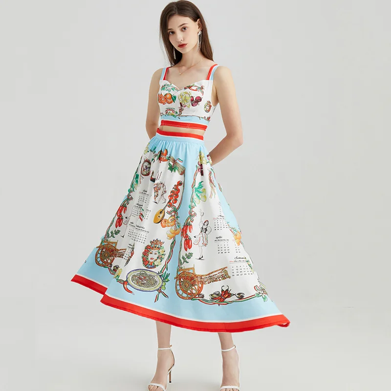 

QIWN Summer Fruit Print Patchwork Spaghetti Strap Sleeveless Backless Top+High Waist Skirt Casual Loose Women Two-Piece Set