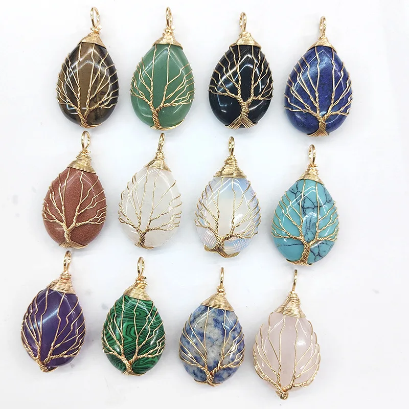 

10pcs Tree of Life Reiki Healing Natural Stone Amethyst lapis Waterdrop Pendant for Jewelry Making Necklace Accessorie