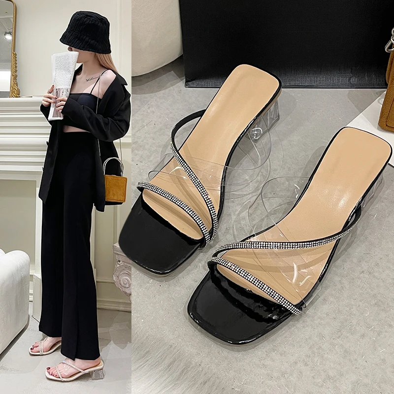 

Slippers Casual Low Shoes Square Toe Slipers Women Slides Heeled Mules Luxury Soft 2022 Summer Block High Scandals Rubber PU
