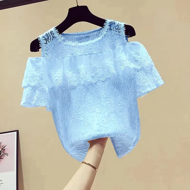 

Ruffles Lace Shirts Womens Short-sleeve 2022 Spring Summer Blouses Off Shoulder Office Casual Pink White Shirt Female Top Blusas