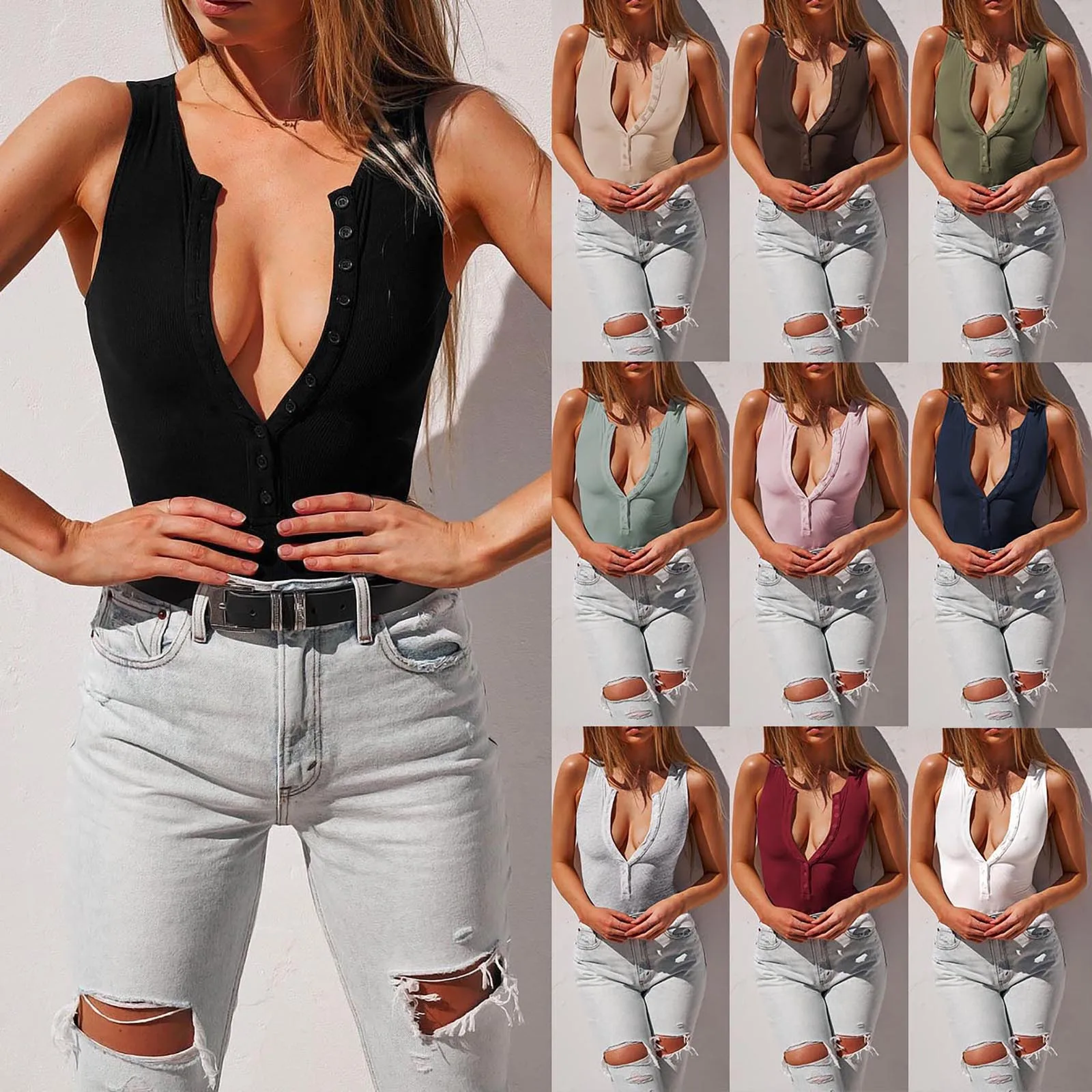 

New Summer Women Half-open Button Knit Tank Tops V-neck Sleeveless Slim Splice Tops S-xl Woman Street Vest Shirt Tee