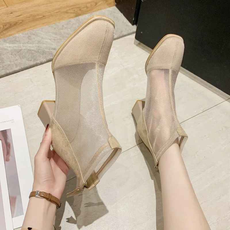 

Summer Women's Boots Sexy Mesh Female High-heeled Ankle Boots Square Heel Hollow Short Boots Rear Zipper Fashion Women's Shoes