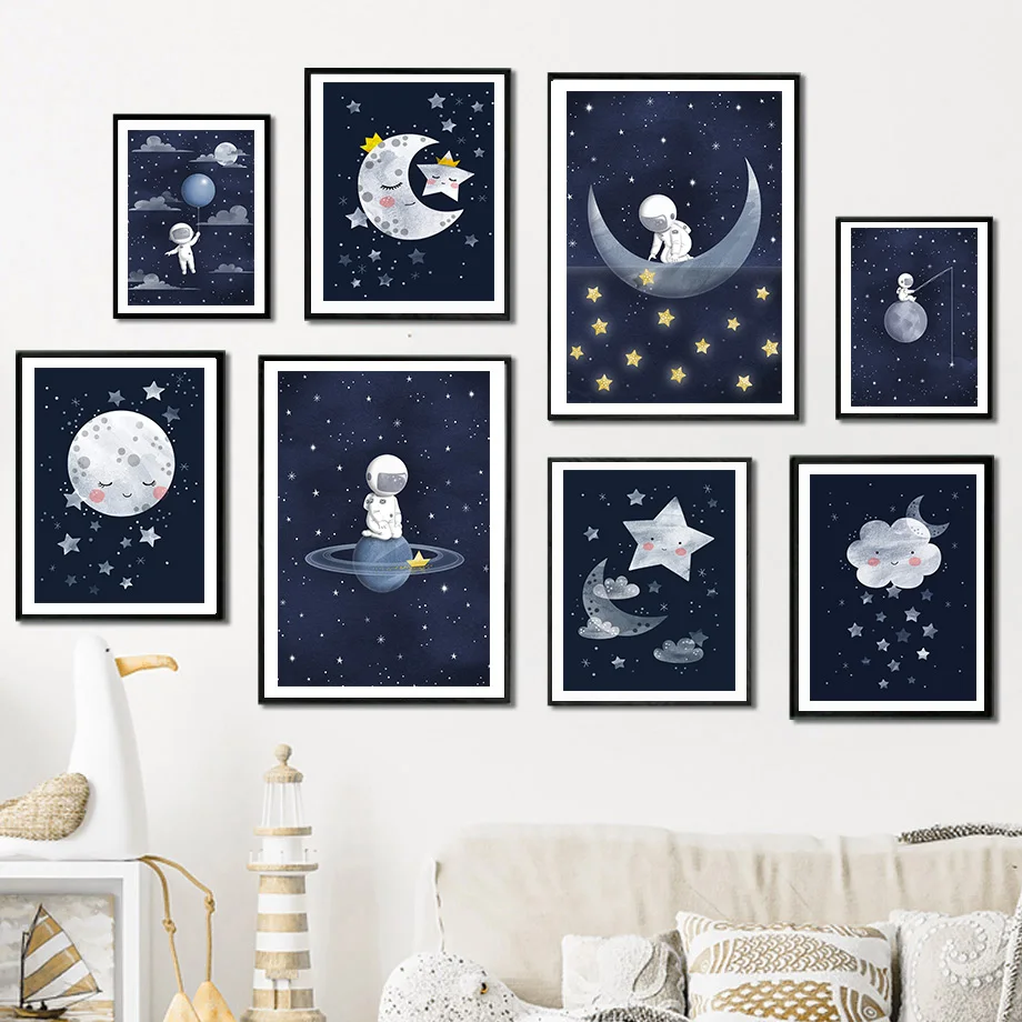 Луна, планета, облако, астронавт, космос, галактика, настенное искусство, холст, принты, скандинавские плакаты, Настенный декор, картины, картина маслом, декор детской комнаты
