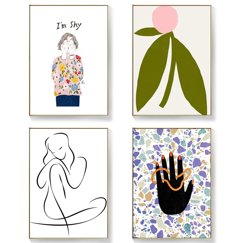 

I am Shy Girl Canvas Painting Nordic Abstract Figure Line Leaf Poster Print Wall Art Picture for Living Room Bedroom Home Decor