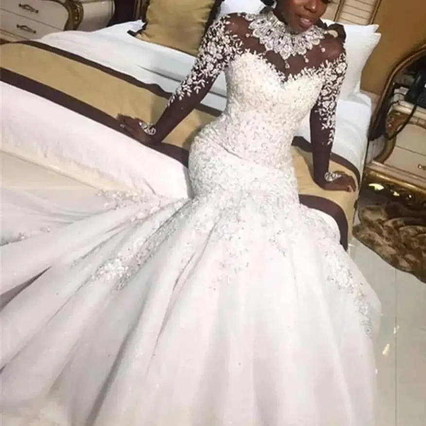 

Белое/слоновое свадебное платье-Русалка с аппликацией и бисером, с длинным рукавом, на заказ, свадебное платье 2023