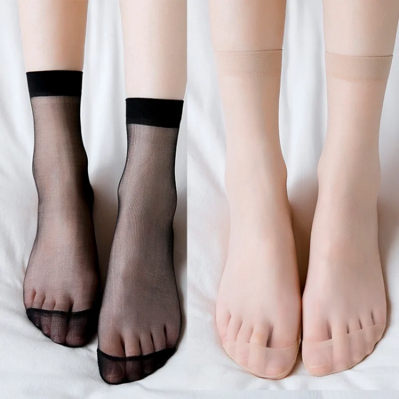 20Pairs Summer Thin Socks Women Crystal Silk Sock Sexy Black Skin Color Elastic Silky Ankle Short Socks for Girls Invisible Sock