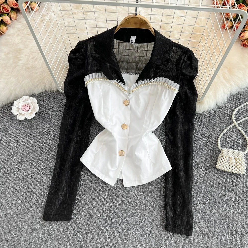 

Spring Temperament Lady Slim Fit Thin Contrast Color Bubble Long Sleeve Beaded V-neck Shirt Women's Foreign Chic Short Top