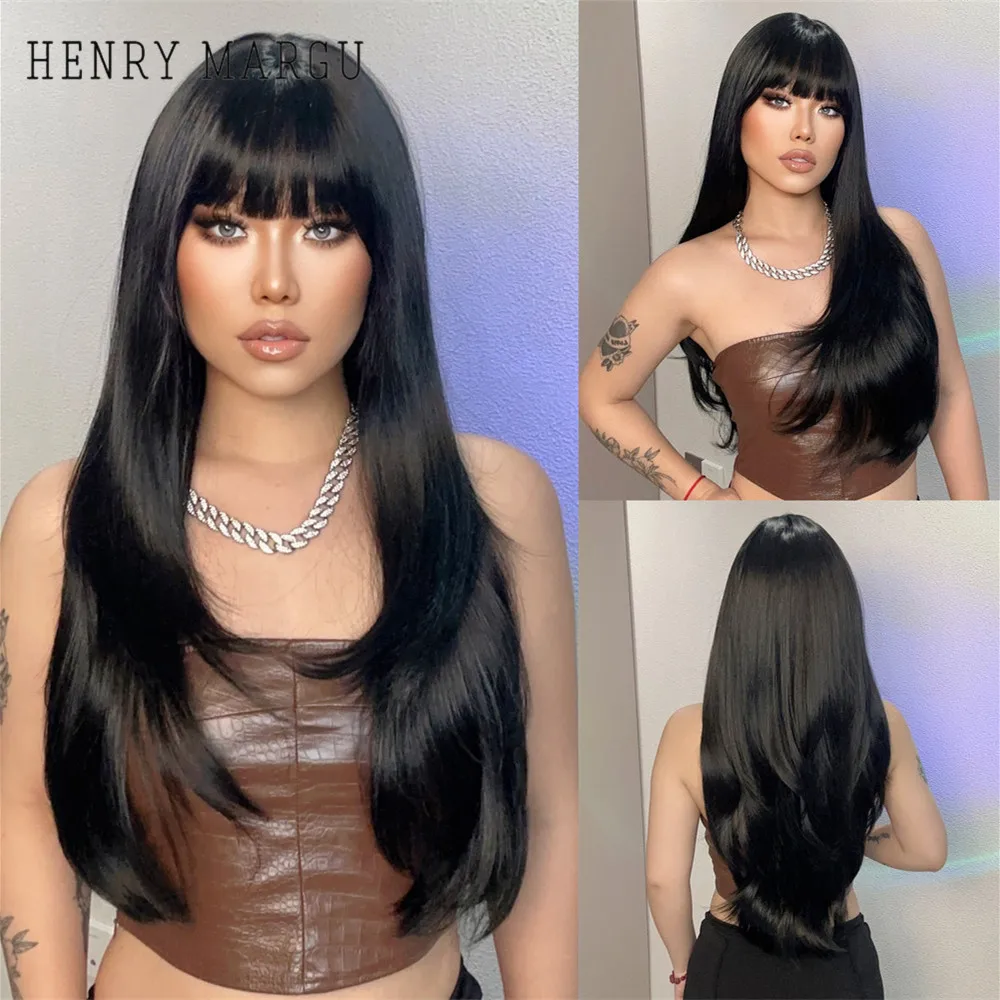 Черный длинный многослойный синтетический парик прямые гладкие накладные