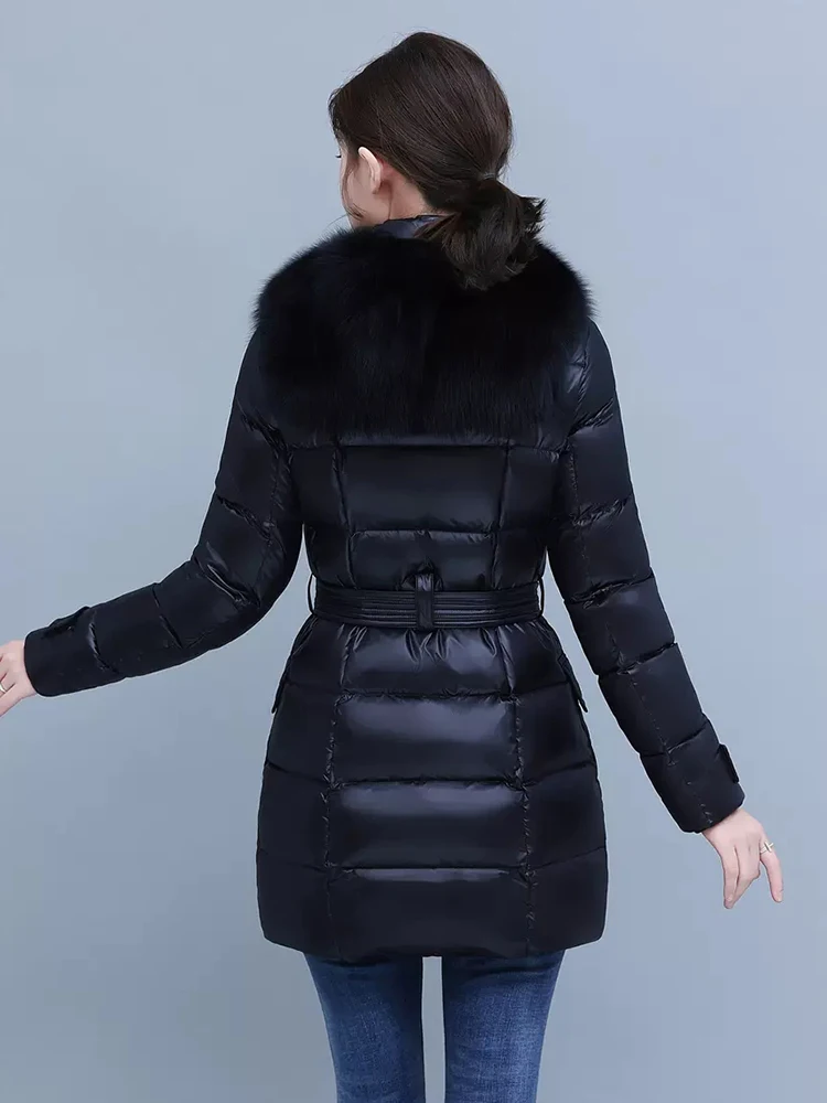 New Women Fur Down Jacket Winter Fashion Luxurious Real Fox Fur Collar Thicken Warm Medium Long Belt Slim Puff Down Coat Female