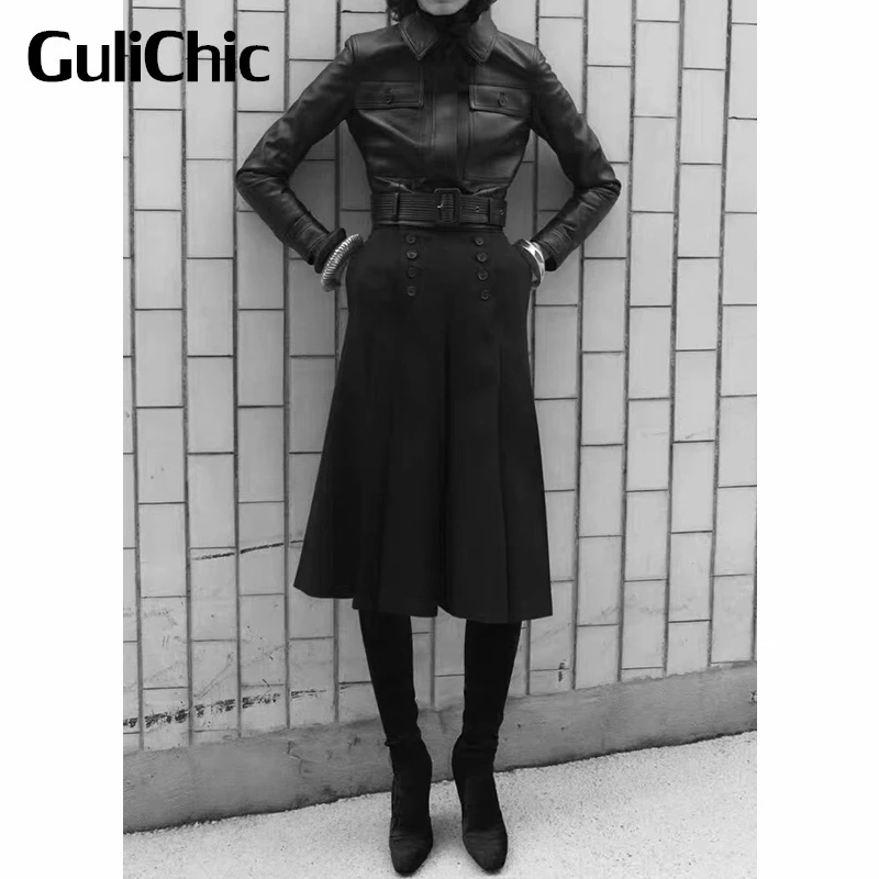 10.13 GuliChic Women Temperament Vintage Black Double Breasted High Waist Pleated Wide Leg Calf-Length Pants Skirt