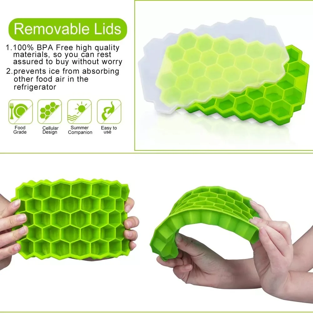 

37 Grids Honeycomb Ice Cube Trays Reusable Silicone Mold Food Flexible BPA Popsicle Mould Free Ice maker with Removable Lids