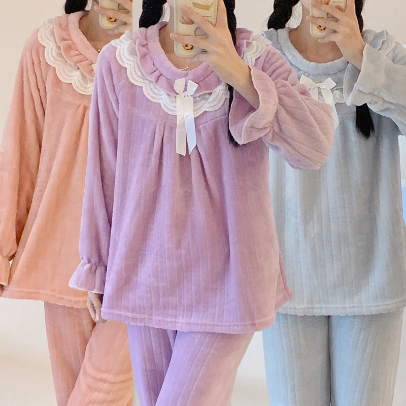 

2023 зимние милые кружевные толстые теплые фланелевые пижамные комплекты принцессы с длинным рукавом для женщин корейские милые пижамы Домашняя одежда