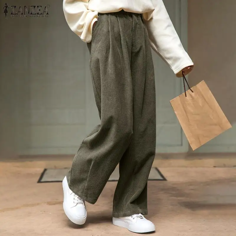 

Брюки ZANZEA Женские однотонные длинные, Модные Винтажные вельветовые повседневные штаны с завышенной талией, модные брюки в стиле палаццо, бо...