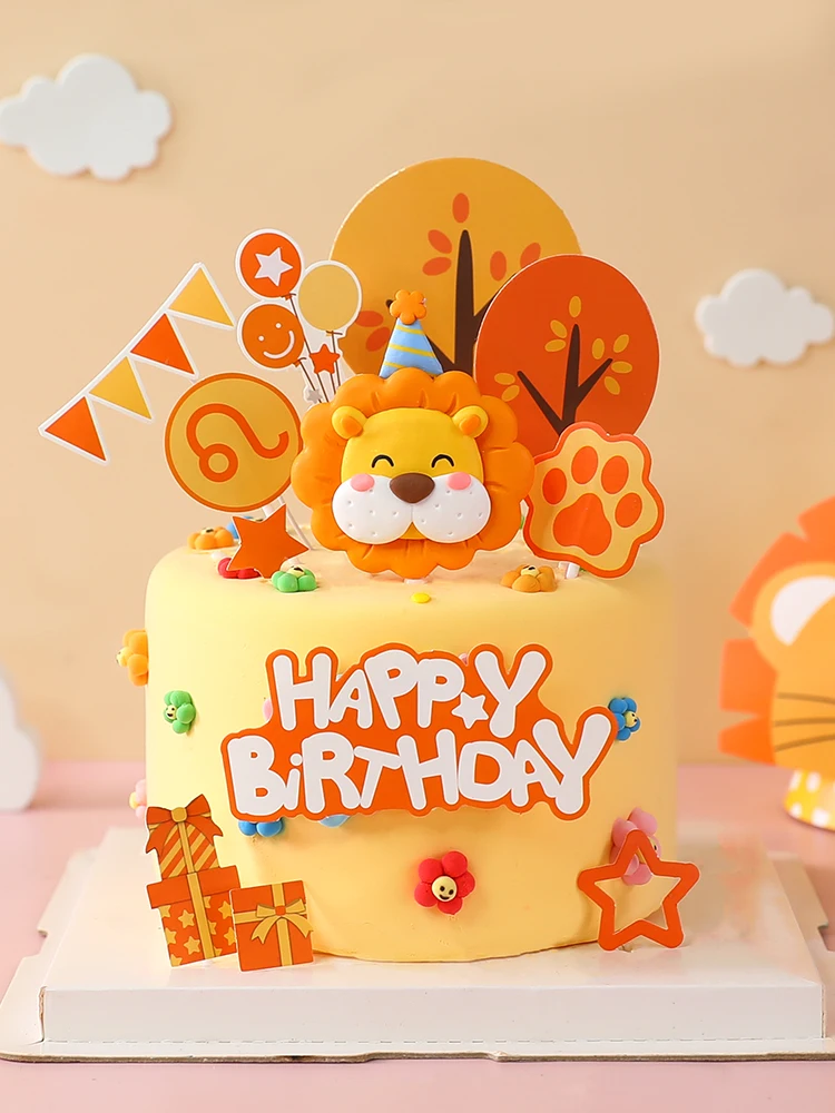 

Leo Cake Toppers Soft Glue Party Hat Little Lion Doll Cake Decoration Orange Constellation Happy Birthday Dessert Boy or Girl