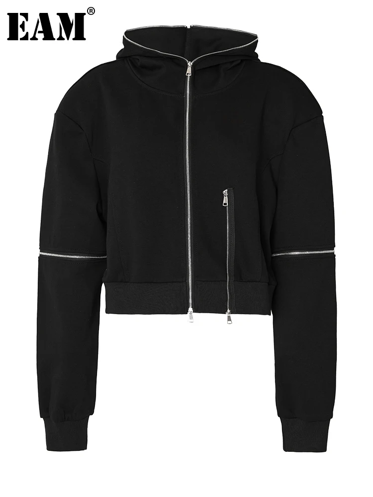 

[EAM] Loose Fit Black Zipper Big Size Casual Jacket New Hooded Long Sleeve Women Coat Fashion Tide Spring Autumn 2023 1DF8581