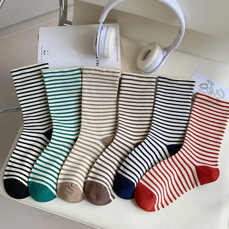 Носки женские в японском стиле хлопковые эластичные длинные носки полоску
