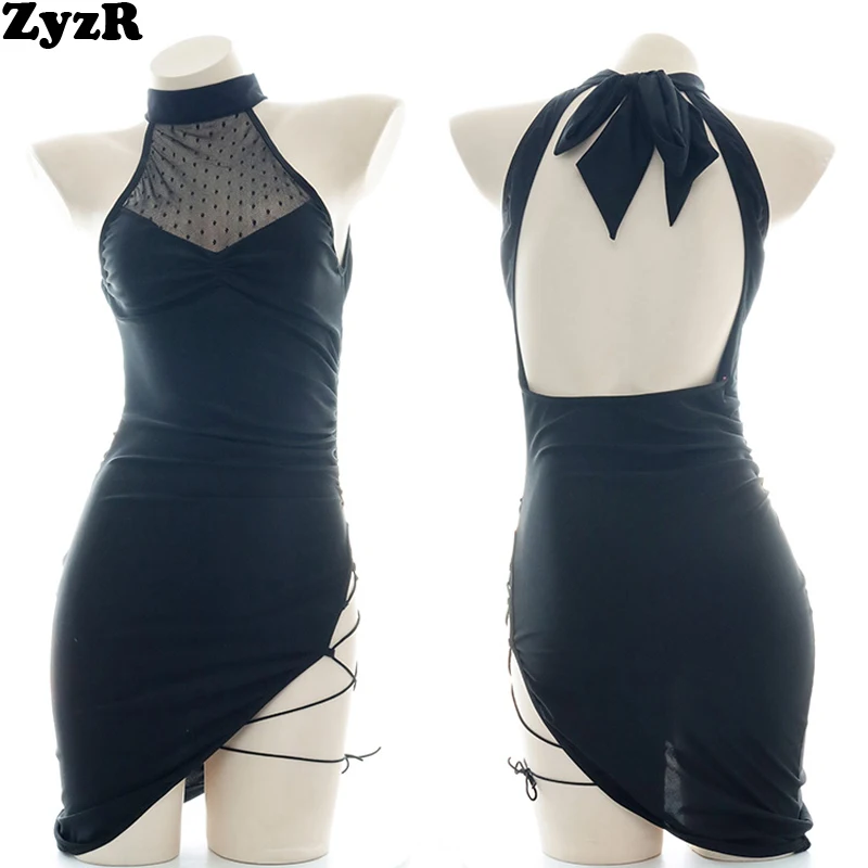 

ZyzR BabyDolls Chemises Sexy Lingerie Women High Slit Backless Slim Halter Dress Exotic Uniform Temptation Nightdress Costumes