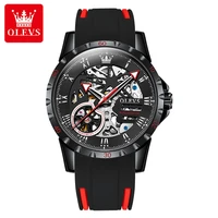 olevs automatic mechanical skeleton watch steampunk mens waterproof red silicone strap luminous mens watches relogio masculino