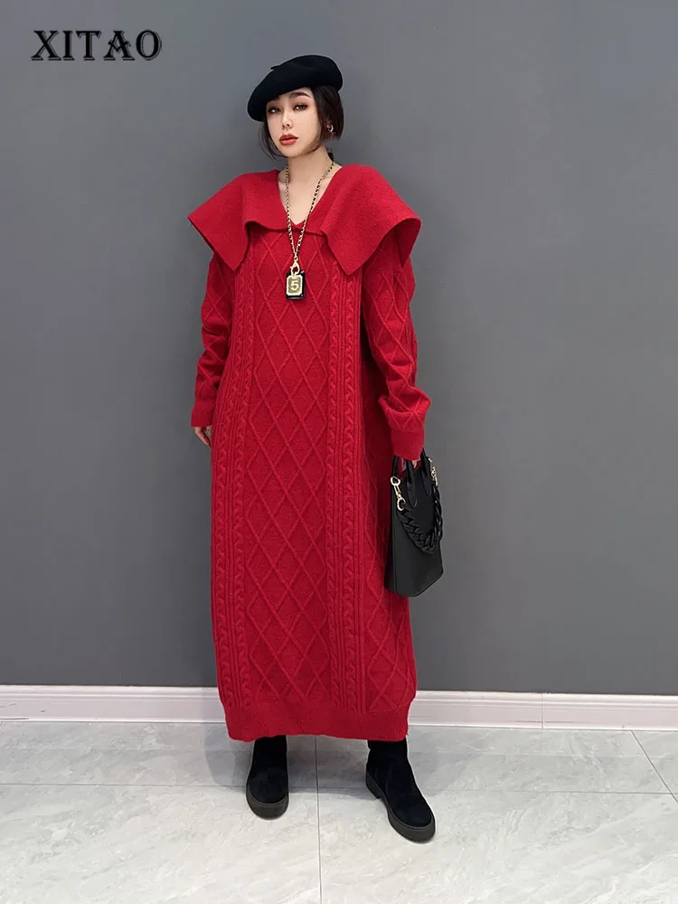 

XITAO Solid Color Knitting Peter Pan Collar Tassel Dress Loose Pullover Winter New Arrival Casual Fashion All Match FBB1346