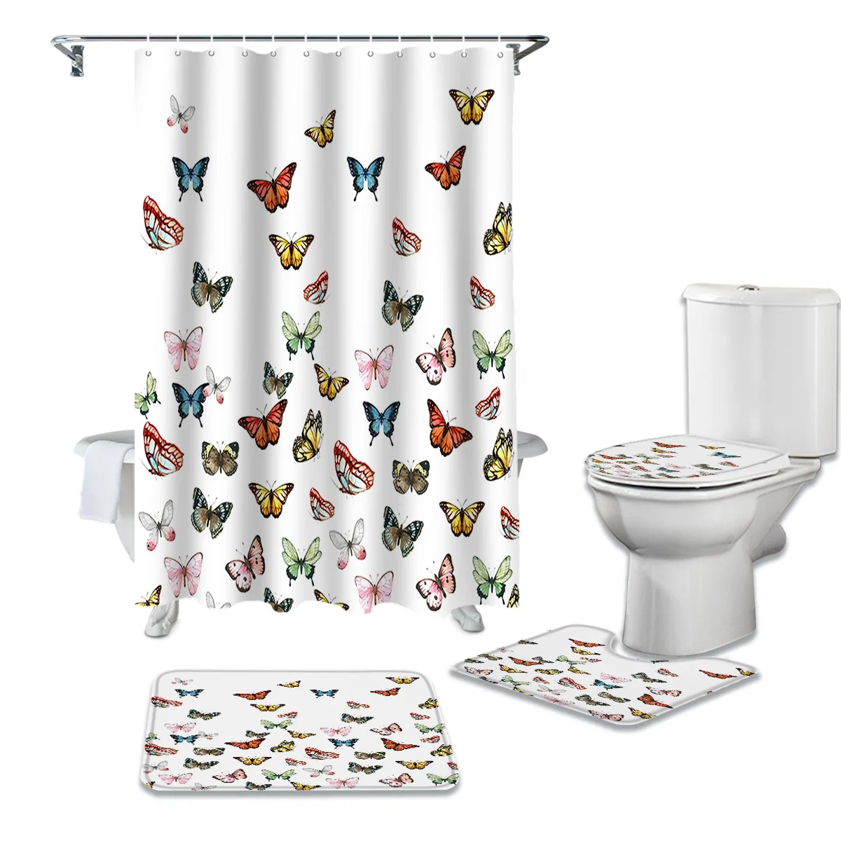 

4PCS/Set Butterfly Repeat Print Shower Curtain Waterproof Bathroom Curtain Toilet Cover Mat Non-Slip Rug Set Bathtub Decor