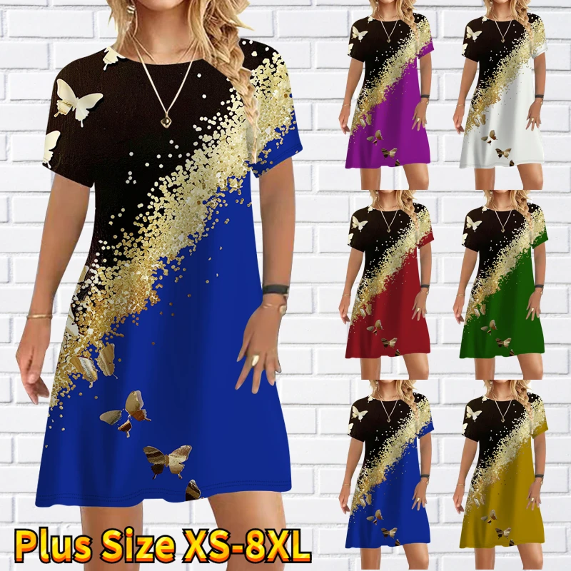 

Summer Women Elegant Butterfly Dress Round Collar Stitching Print Knee-length Skirt Trend Short Sleeve Skirt Daily Midi Skirt