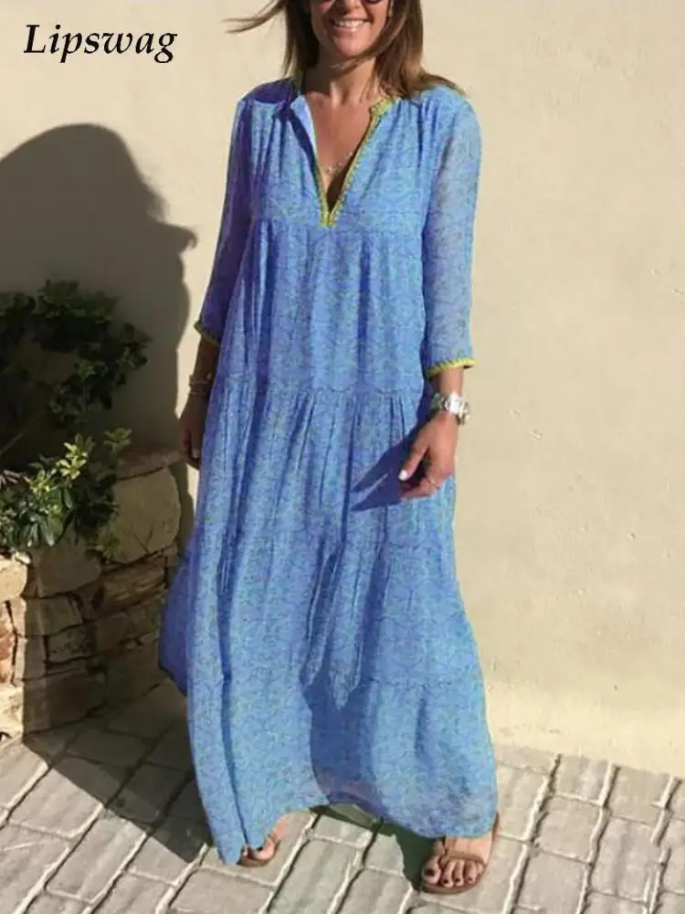 

2022 Summer Casual Women Dress Vintage Pattern Printed Loose Draped Long Dresses Ladies Elegant Fashion V-Neck Long Sleeve Dress
