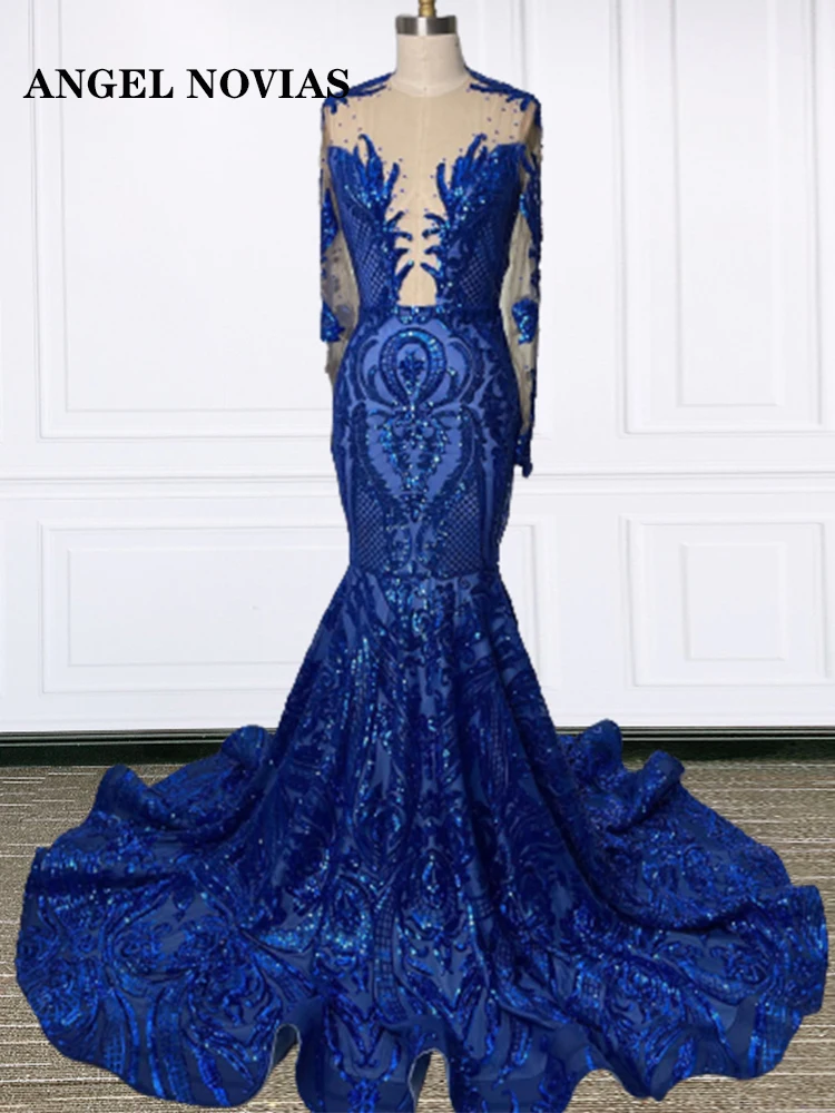 

Женское вечернее платье-русалка, синее платье с длинным рукавом и открытой спиной, для выпускного вечера, 2023