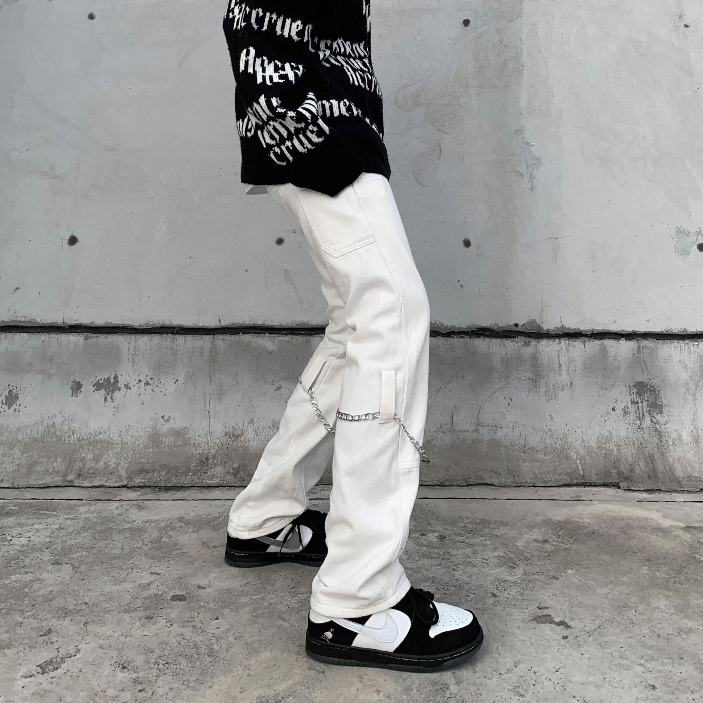 Men's Korean Casual Streetwear White Harajuku Vintage Jeans Graffiti Wide Leg Baggy Straight Denim Pants Trousers