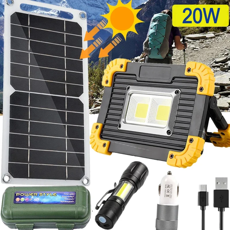 

Светодиодный фонасветильник высокой мощности 20 Вт с солнечной панелью, комплект наружного освещения с зарядкой от USB для путешествий, кемпи...