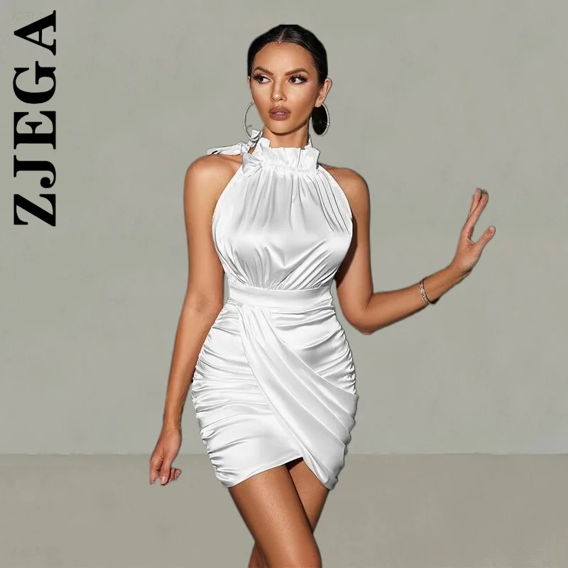 

Модное женское платье Zjega, белое элегантное пикантное мини-платье без рукавов со складками, облегающие платья, базовое элегантное женское п...