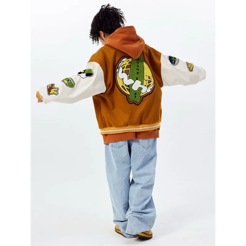 

American Vintage Letter Flocking Embroidery Baseball for Men Patchwork Varsity Jacket Spring Loose Casual Street Coat