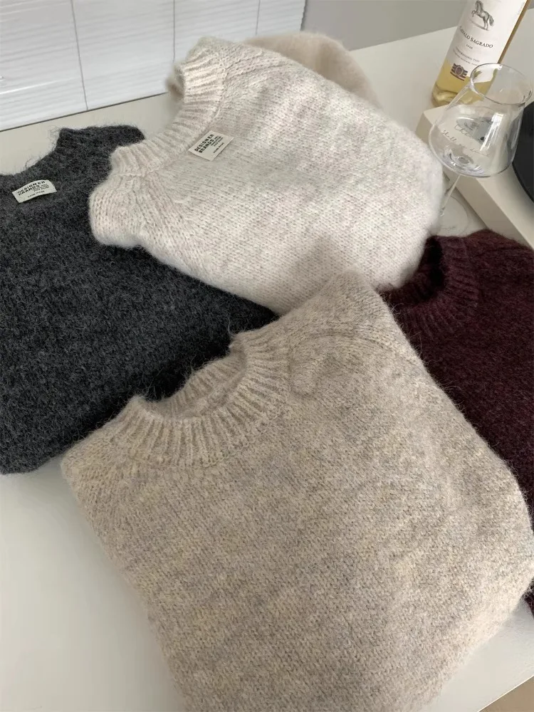 La Chabell Milk Fufu Мягкий клейкий свитер с круглым вырезом Женский осенне-зимний