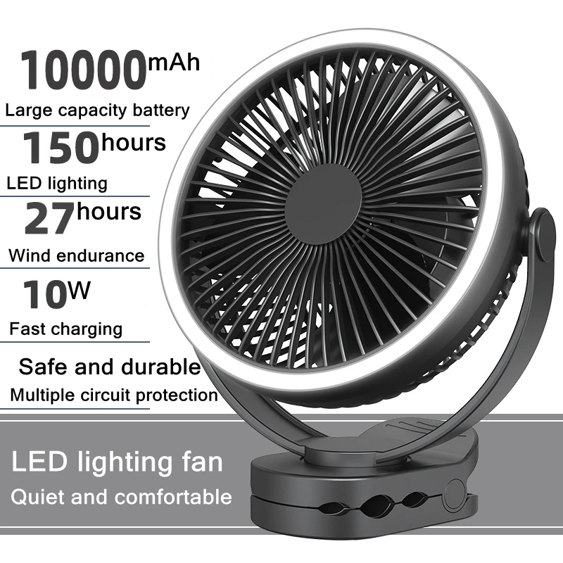 

Mini Portable Electric Fan 10000mAh Battery USB Rechargeable Camping Ceiling Clip Fan With LED Table Lamp Air Cooling Ventilador