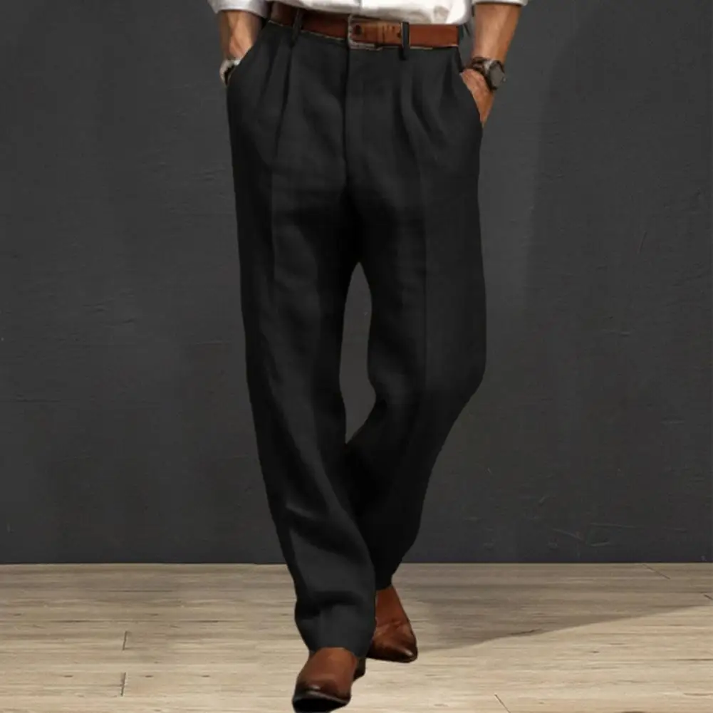 

Men Pants Solid Color Elastic Waistband Casual Trousers Loose-fitting Pockets Design Breathable Long Pants Men's Clothing