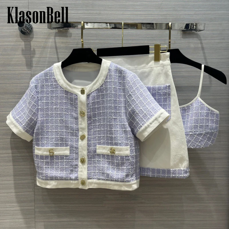 

Женский костюм KlasonBell из 3 предметов, клетчатый джинсовый твидовый короткий пиджак в стиле пэчворк + майка на бретелях + юбка-трапеция, 10,6