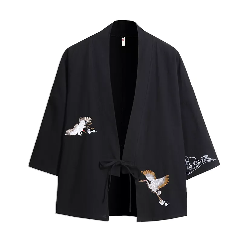 

Men Embroidery Crane Kimono 2021 New Arrival Chinese Style Shirts Male Harajuku Streetwear Vintage Belt Kimono Cardigan