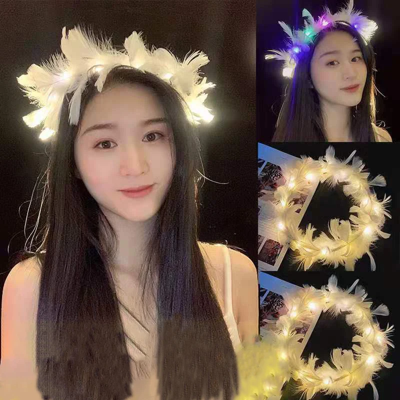 

LED Feather Wreath Crown Headband,Light-Up Angel Halo Headband, Luminous Headdress for Women Girls Wedding Christmas Glow Party