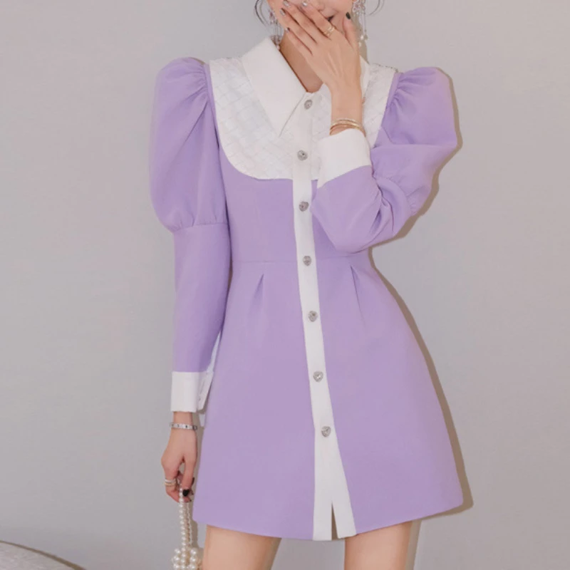 Women Purple Small Fragrant Wind Spring  Autumn Sweet Temperament High Quality Ruff Long Sleeve Chic Party Vintage Female Dress