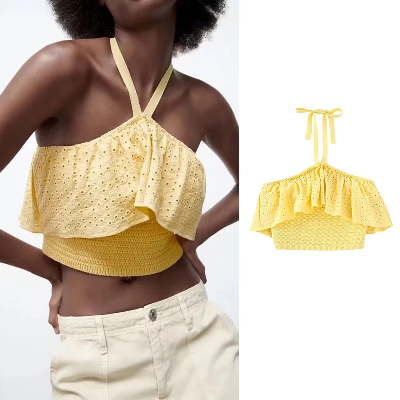 

Женский трикотажный топ с вышивкой, желтый ажурный укороченный топ без рукавов с открытой спиной и лямкой на шее, однотонная майка, лето 2022