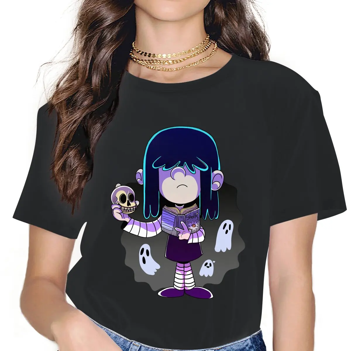 

Lucy Loud With Spell Book And Skull Women's TShirt The Loud Houses Vintage Tee Shirt Short Sleeve Crew Neck T-Shirt Cotton Gift