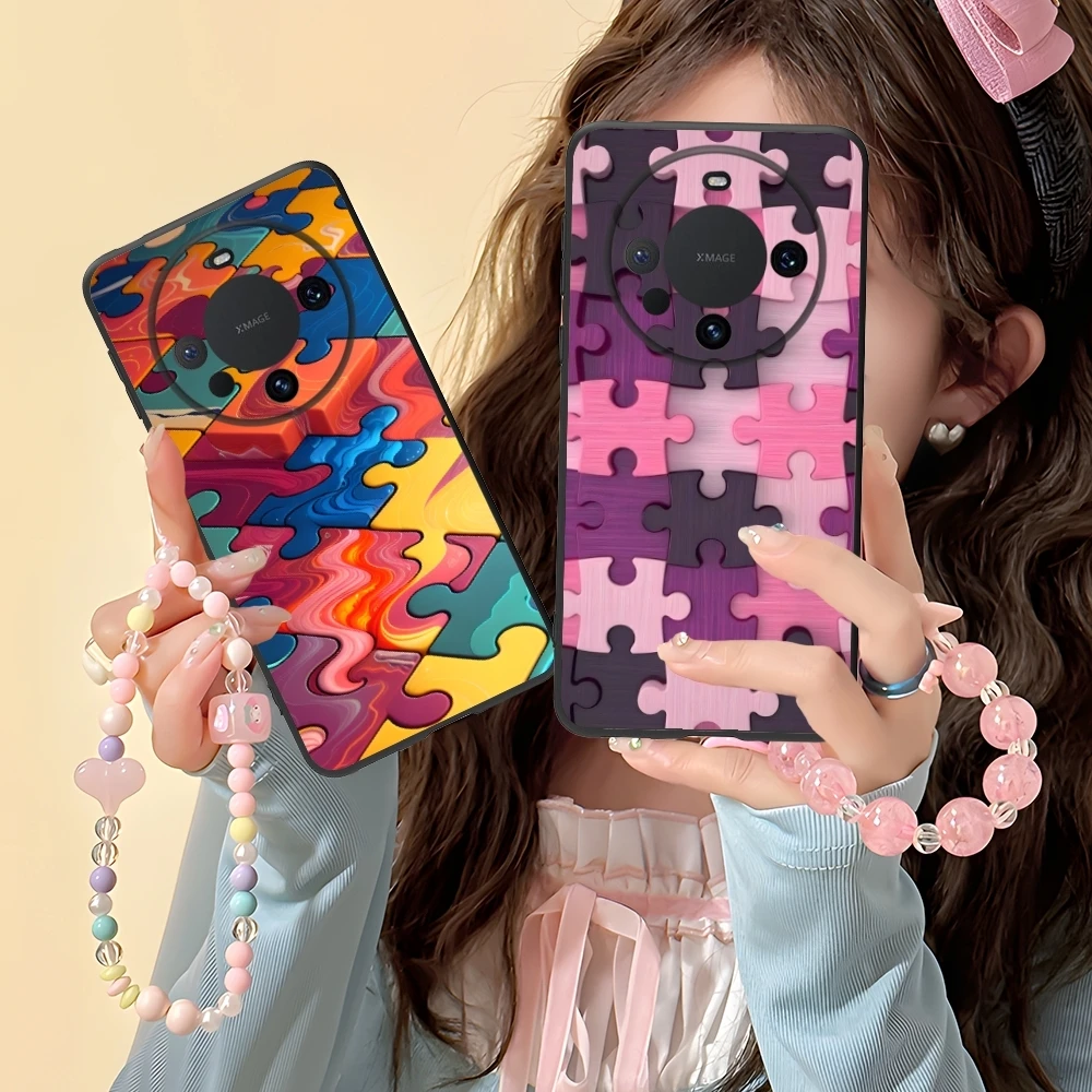 Puzzle Pretty Fashion Mobile Cell Phone Case for Huawei Mate 60 50 40 30 20 10 Pro Plus Lite E 5G Black Soft Cover Shell