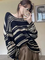 deeptown y2k korean fashion oversized sweater women vintage striped knitted jumper loose casual all match pullover tops harajuku