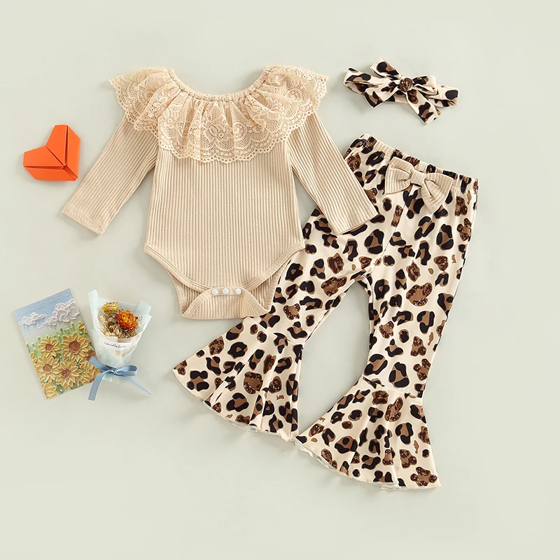 

Toddler BabyGirls Clothes Long Sleeve Lace Ruffles Knitted Ribbed Romper Leopard Floral Print Flare Pants Headband Outfit Set