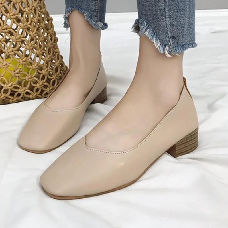 

Fashion Women Slip-on Loafers Leather Shoes Female France Elegant Shallow Square heeled OL Office Wear Korean Square Toe New