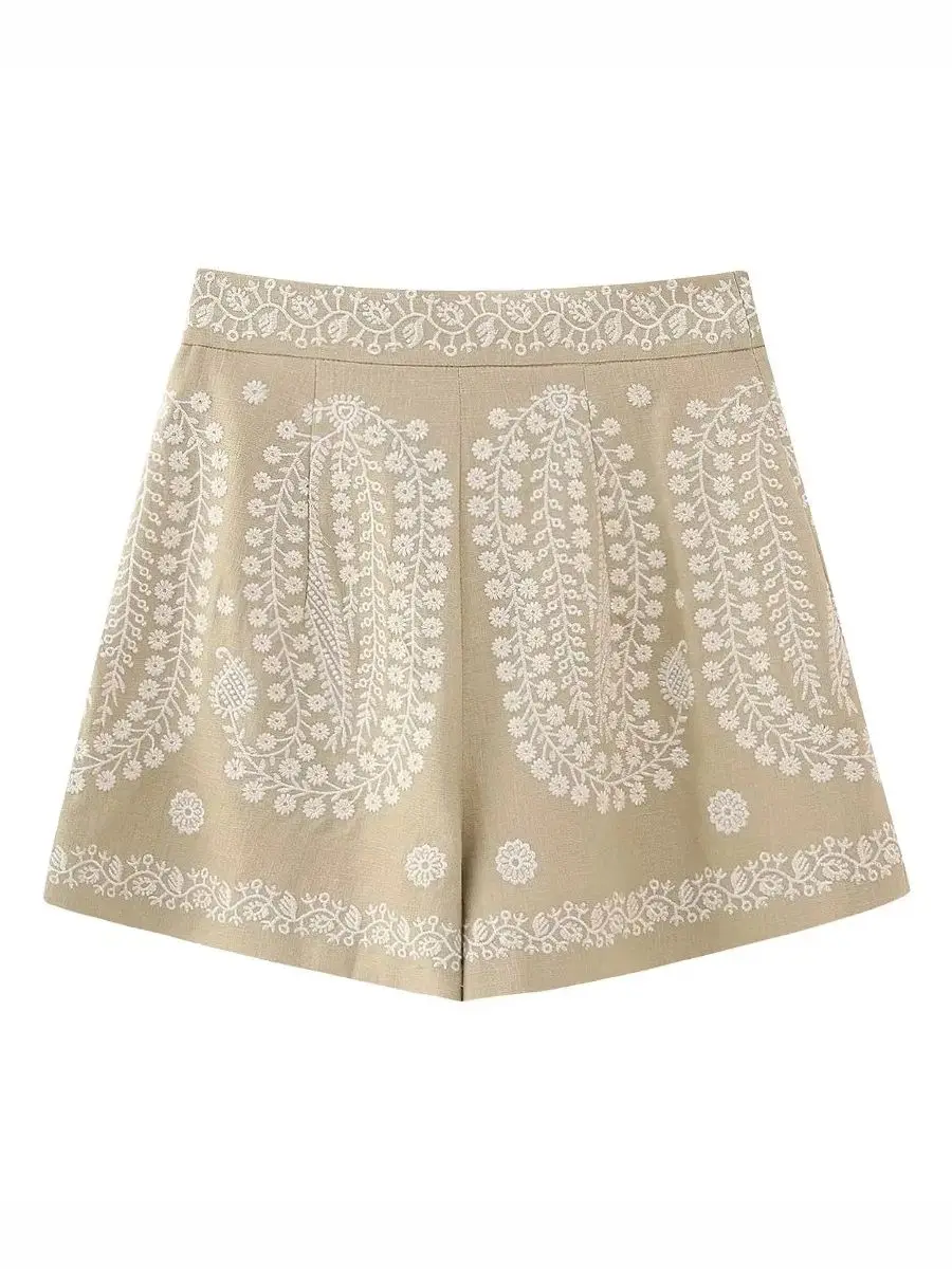 Summer Women's Brown High-waisted Retro Ethnic Style Embroidery A-word Slim Casual Loose Shorts