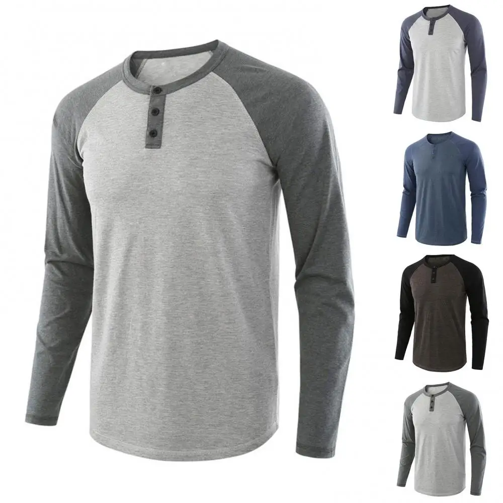

Повседневная мужская Осенняя футболка с круглым вырезом и длинным рукавом реглан цветная футболка пуловер на пуговицах