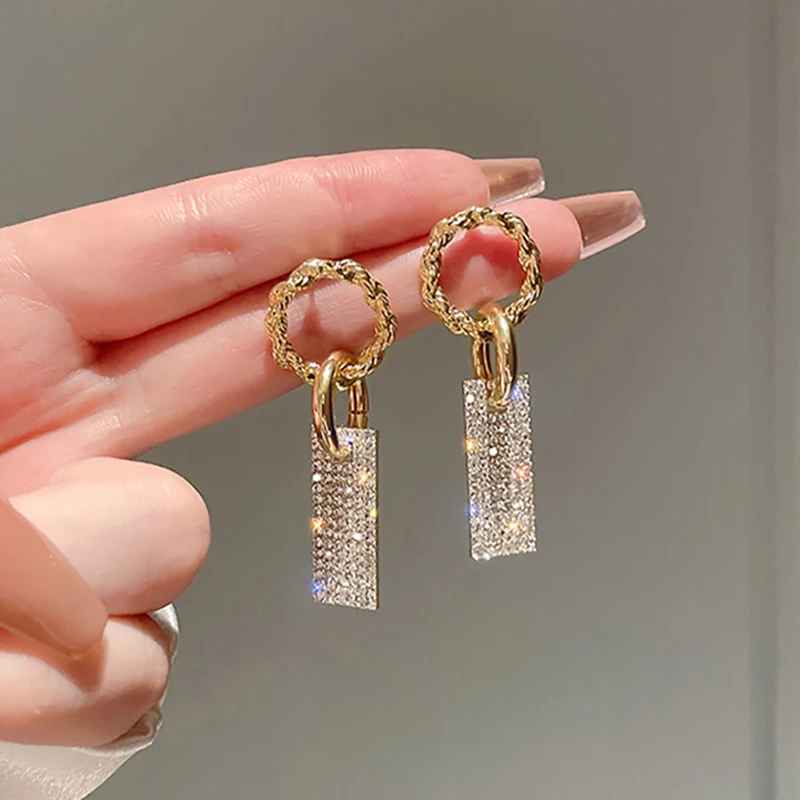 Trendy Luxury Square Crystal Drop Earrings for Women Brilliant Gold Color Bridal Wedding Jewelry Female Dangle Earrings Gift