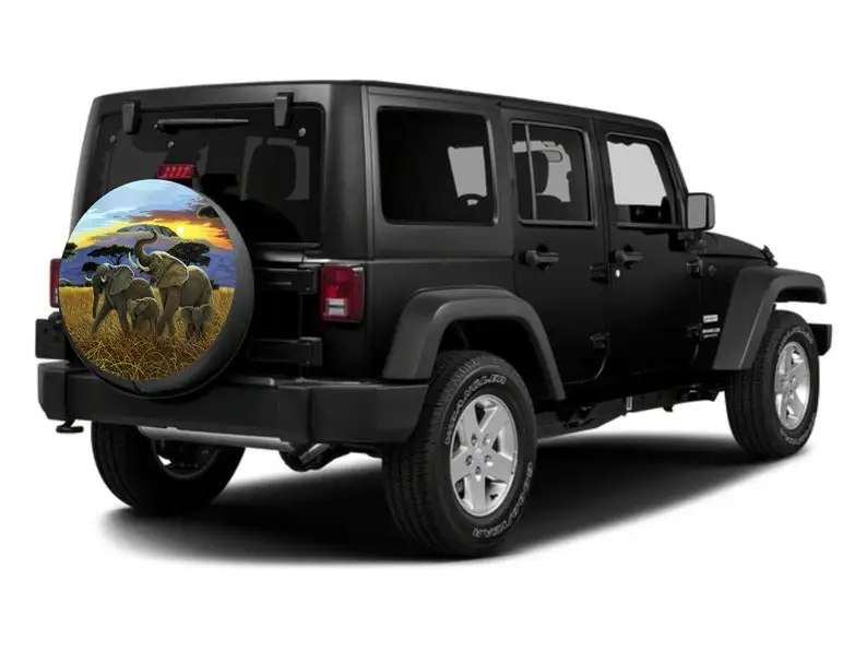 

Elephants Sunset on Kilimanjaro Spare Tire Cover fit to exact tire size Jeep Camper RV Motor home Trailer/Option for backup