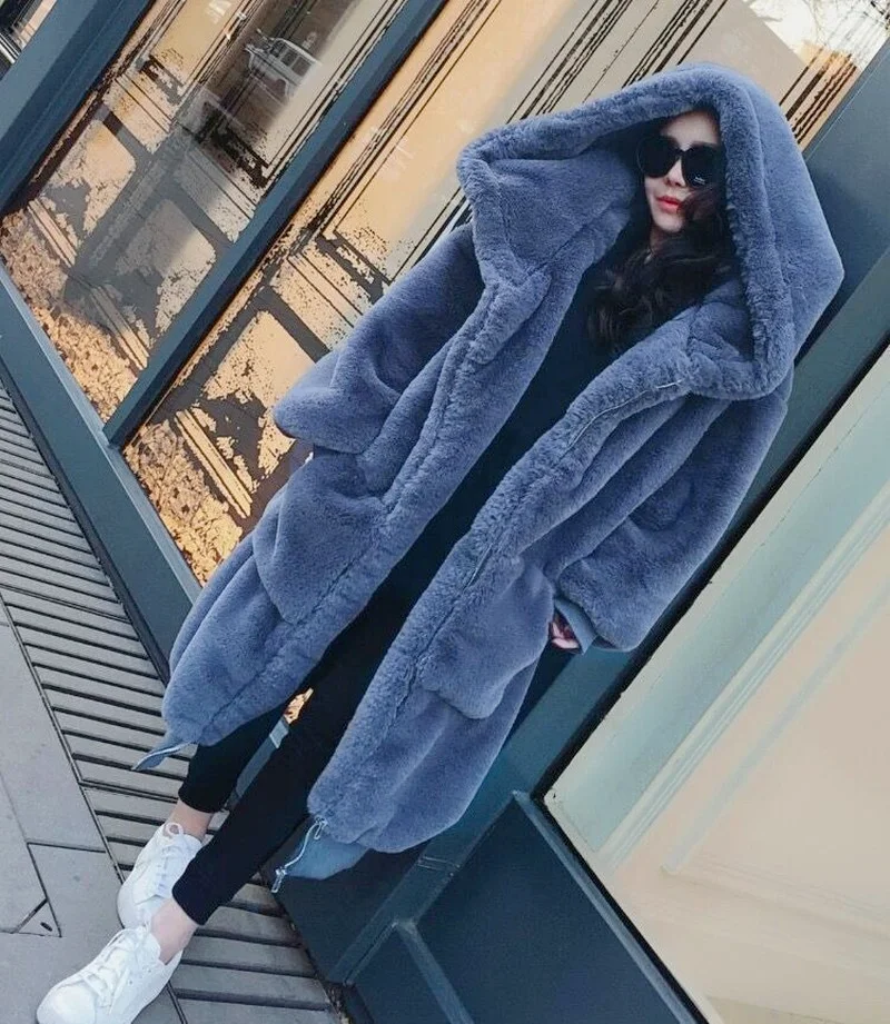 Imitation Rex Rabbit Hair Coats Winter Women Warm Thick Loose Hooded Faux Fur Parkas Solid Colors Big Pocket Leisure Outwears