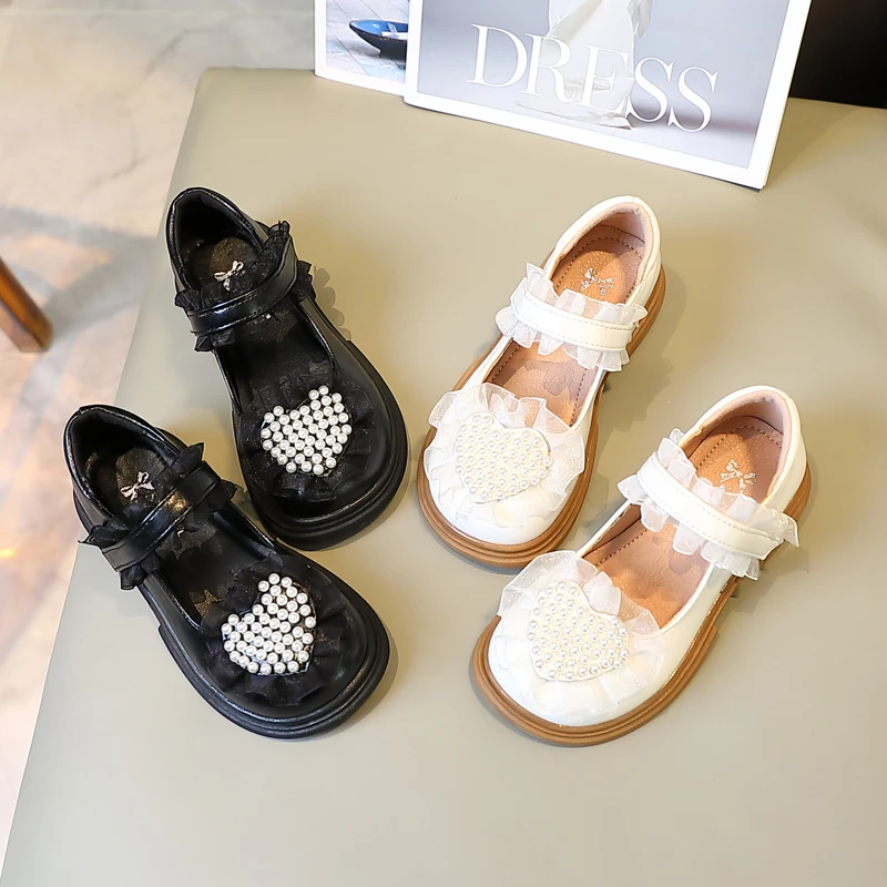 

Кружевные детские удобные кожаные туфли для девочек Мэри Лолита 23-34 формы любовь бежевый бисер Janes малыш принцесса детская черная обувь